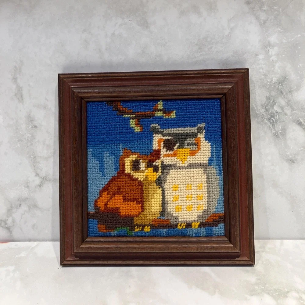 Vintage Framed Needlepoint Cross-Stitch: Two Owls on Branch, 1970s Wall Art